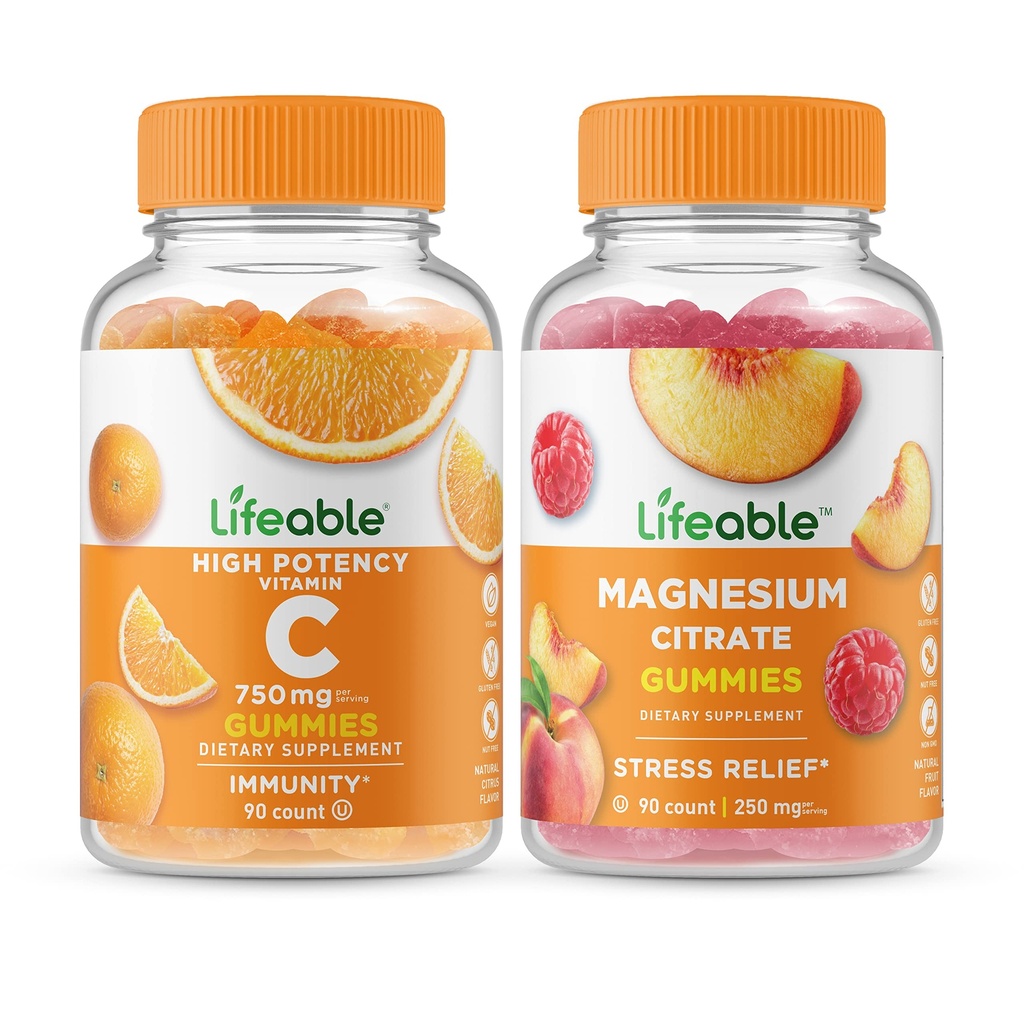 Lifeable Vitamin C 750mg + Magnesium 85mg, Gummies Bundle - Great Tasting, Vitamin Supplement, Gluten fri, GMO fri, Chewable Gummy