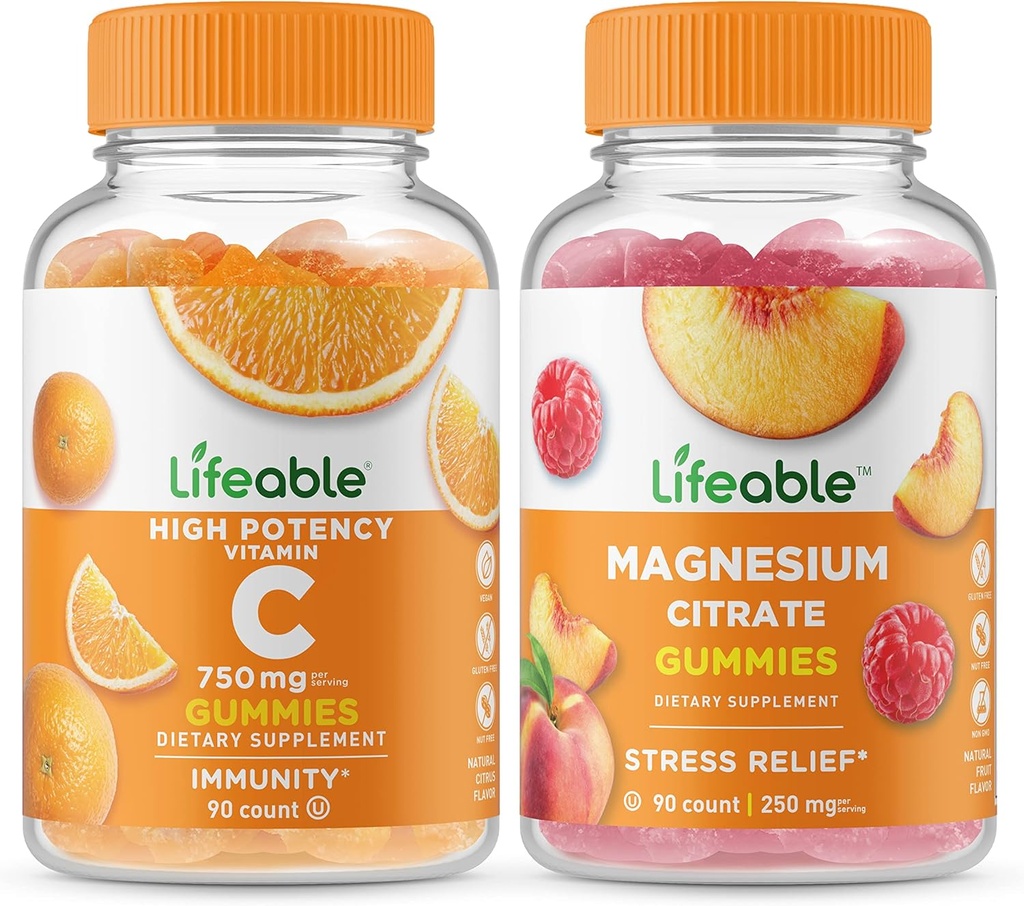 Lifeable Vitamin C 750mg + Magnesium 85mg, Gummies Bundle - Great Tasting, Vitamin Supplement, Gluten fri, GMO fri, Chewable Gummy