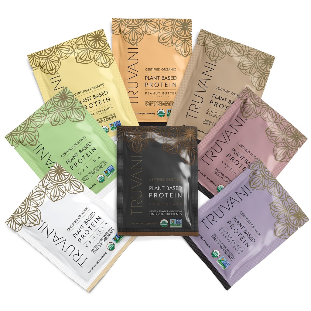 Truvani Vegan Pea Protein Powder • 124; Prøven Pack • 124; 20g Organic Plant Based Protein • 124; 8 Single Serving Packets • 124; Keto • 124; Gluten & Dairy Free • 124; Lav Carb • 124; Ingen tilsat sukker