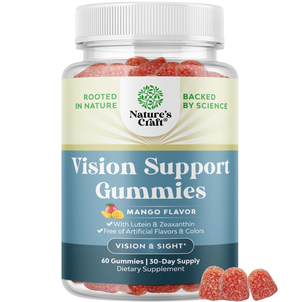 Vision Support Gummies for voksne - Lutein og Zeaxanthin Kosttilskud til øje sundhed - Potent Lutein Eye Vitamin til blå lysbeskyttelse Tørhed Strain Support & Visual Sharpness - 60 Greve