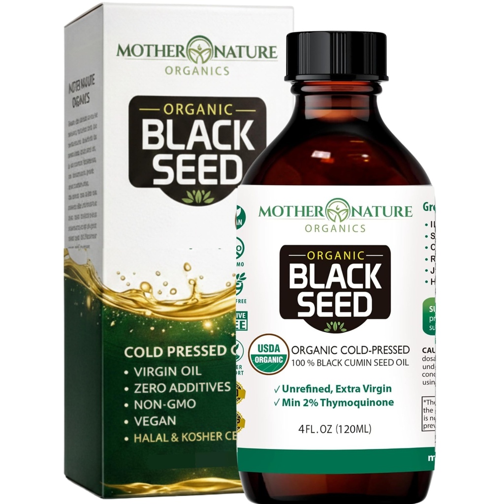 Moder Natur USDA Organic Black Seed Oil - Cold Pressed, Uraffineret & Vegan Nigella Sativa, High Thymoquinon (2% +), Omega 3 6 9 for immunforsvar, Joint & Heart Support, Hår & Hud, Non- GMO, 4oz