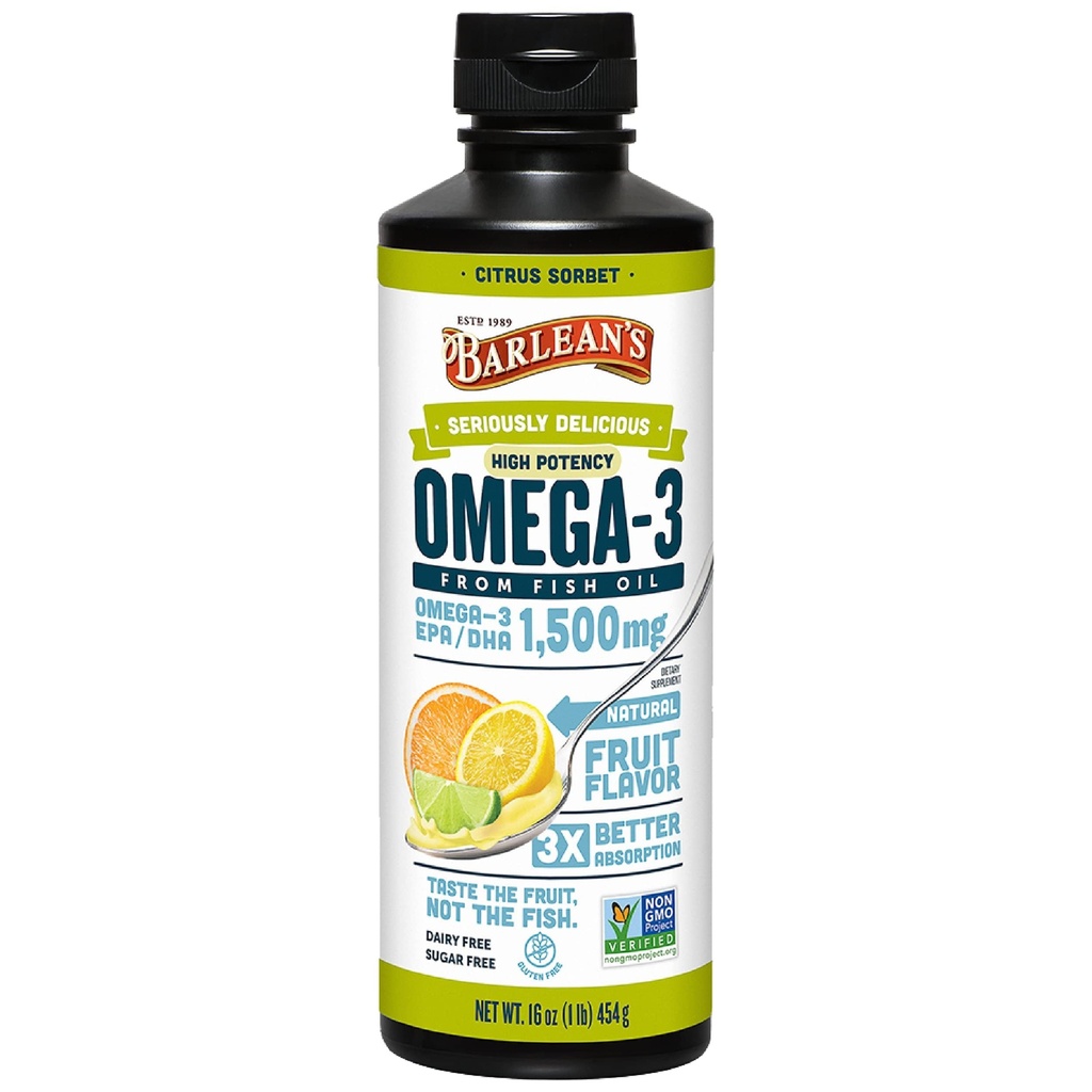 Barlean 's Citrus Sorbet High Potency Omega 3 Fish Oil Liquid Supplement, 1500mg af EPA & DHA Fedtsyre, Smoothie Flavored & Burpless for Brain, Joint, & Heart Health, 16 oz
