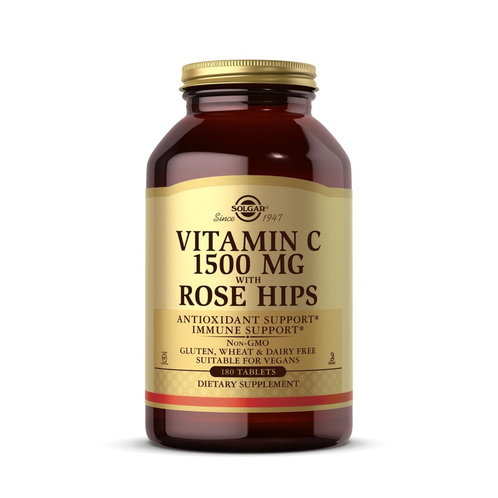 Solgar vitamin C 1500 mg med Rose Hips, 180 tabletter - Antioxidant & immunforsvar - Samlet sundhed - Understøtter sund hud & joints - Ikke GMO, Vegan, Gluten Free, Dairy Free, Kosher - 180 Servere