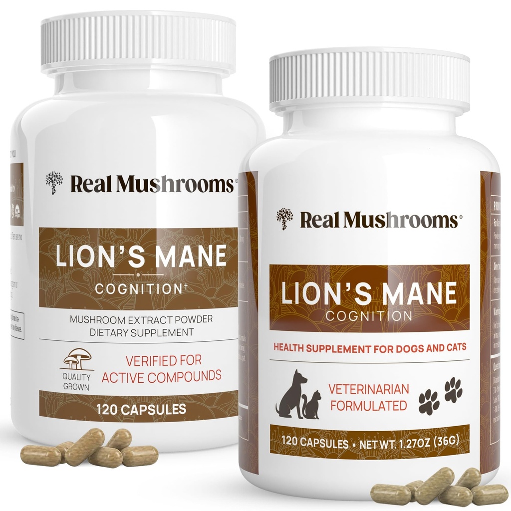 Ægte svampe Lions Mane for mennesker (120ct) og Kæledyr (120ct) - Bundle for Cognition & Immunity - Vegan, Non- GMO, Gluten- Free, Grain- Free Mushroom Extract Supplements