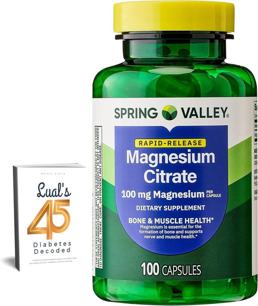 Spring Valley Magnesium Citrate • 124; Citrato de Magnesio 1000mg Capsules • 124; Bedste Magnesium supplement for kvinder • 124; Magnesium Pill • 124; 100 mg; 100 Capsules Bundle med Lanals 45 Diabetes afkodet