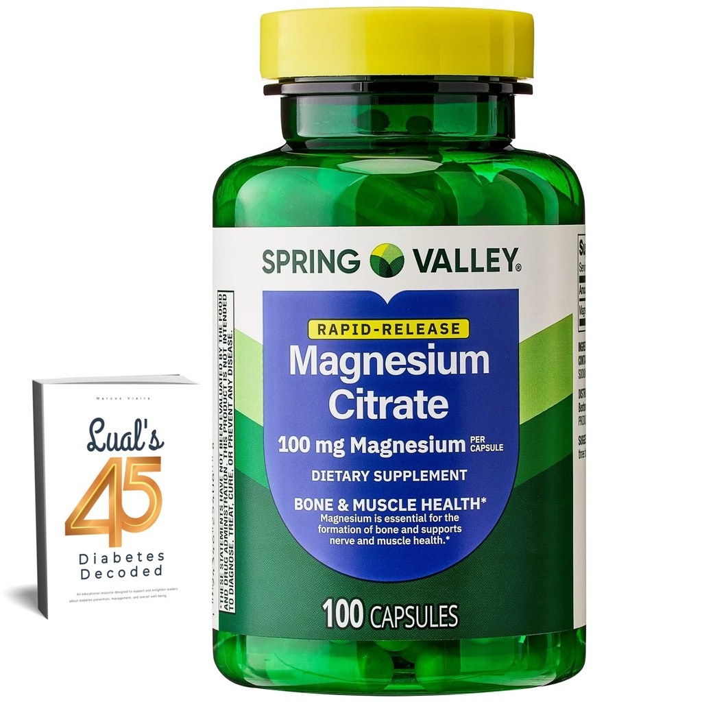 Spring Valley Magnesium Citrate • 124; Citrato de Magnesio 1000mg Capsules • 124; Bedste Magnesium supplement for kvinder • 124; Magnesium Pill • 124; 100 mg; 100 Capsules Bundle med Lanals 45 Diabetes afkodet