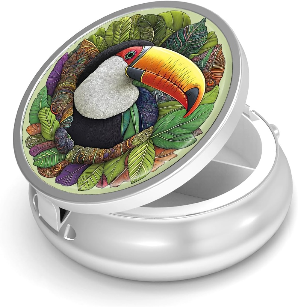 Pill Box-3 Segment Lille Pill Case til purse & Pocket Mini Metal Pill Holder Travel Pill Container til at holde kosttilskud Vitamin BPA- Gratis (Toucan)