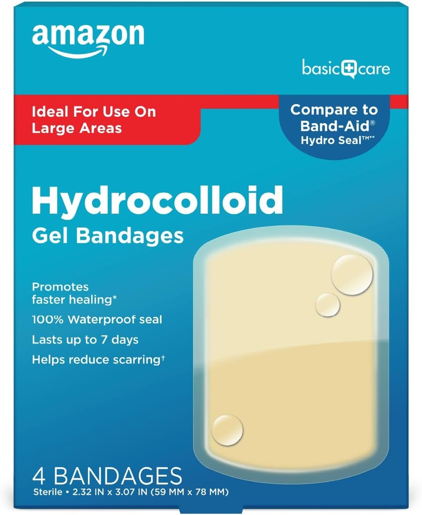 Basic Care Advanced Fast Healing Hydrocolloid Gel Bandages, Large Wound Dressing, 4 ct