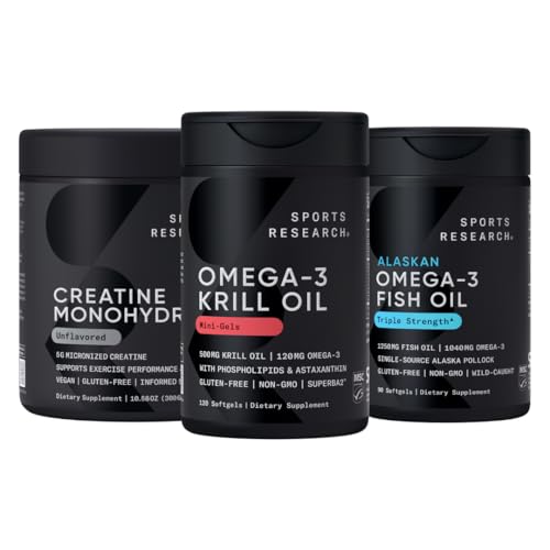 Sportsforskning Creatinmonohydrat forbedret af Omega Power House Antarktiske krill & Fish Oil med tredobbelt styrke EPA DHA og fosfolipider, Cholin & Astaxanthin - Fit for Champions