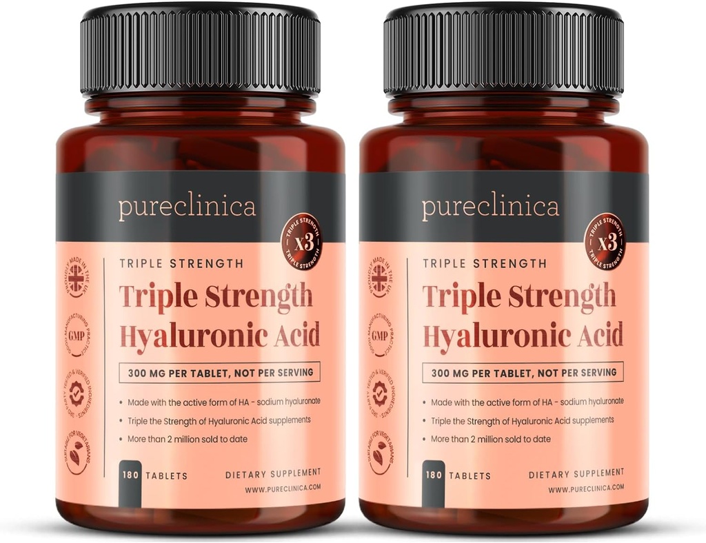 pureclinica Hyaluronsyre 300mg x 360 tabletter (2 flasker med 180 - 12 måneders forsyning). Trefoldig styrke Hyaluronsyre. 300% stærkere end nogen anden HLA tablet.