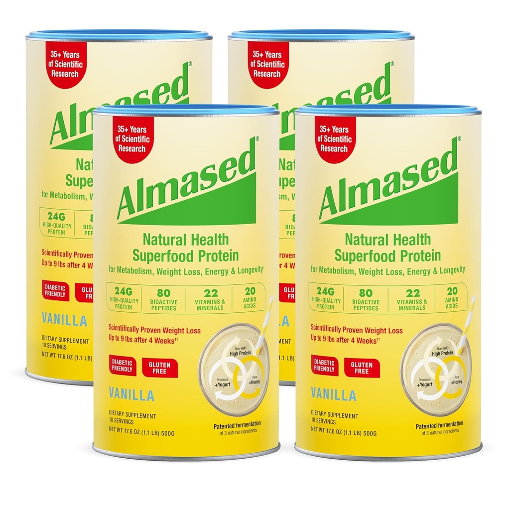 Almased Vanilla Meal Erstatning Shake - Low- Glycemic High Plant Base Protein Powder- Nutritional Weight Health Support Supplement - Vanilla Flavor - 17,6 oz (1,1 Pund (4 Pack))