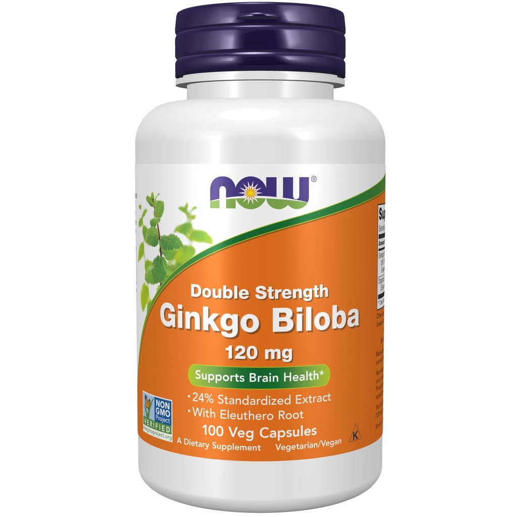 Now Foods Supplements, Ginkgo Biloba 120 mg, Double Strength, Non- GMO Project Verified, 100 Veg Kapsler