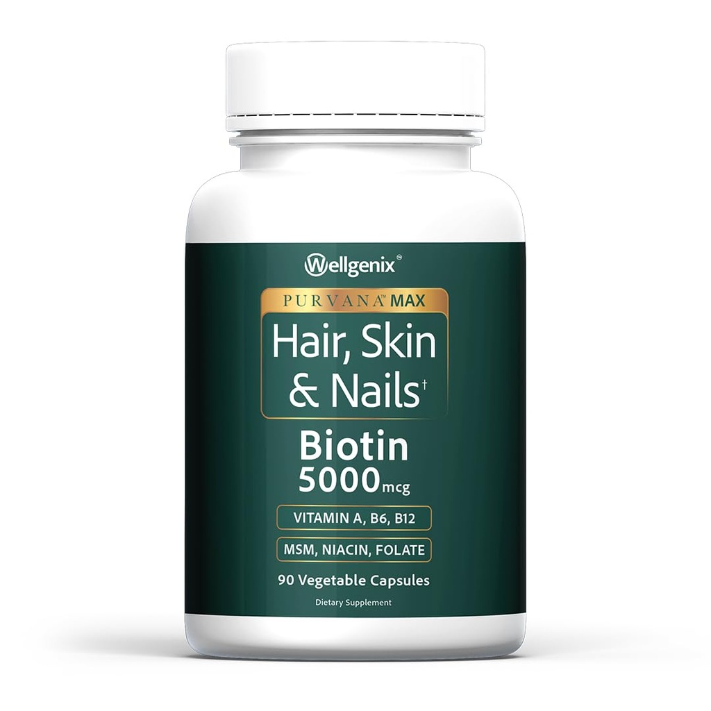 Wellgenix Purvana Max Hår, Hud og negle Vitamin: Biotin 5000mcg for forbedret hårvækst, hårtab forebyggelse for kvinder & mænd, Vegan, Ideel til indlæg Partum & PCOS, 90 Greve, pakke med 1
