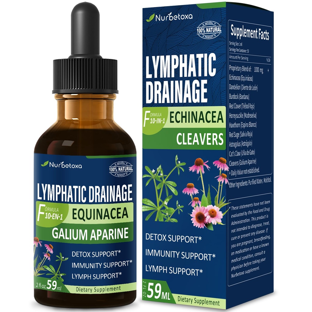 Cleavers Lymphorous Drainage Drops til Lymph System Detox Rense, Lymphedema Support Formel w / Echinacea, Kat 's Claw, Red Clover Extract Tinktur, Brug med Lymph Massage Tool. 2oz