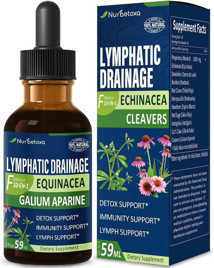 Cleavers Lymphorous Drainage Drops til Lymph System Detox Rense, Lymphedema Support Formel w / Echinacea, Kat 's Claw, Red Clover Extract Tinktur, Brug med Lymph Massage Tool. 2oz