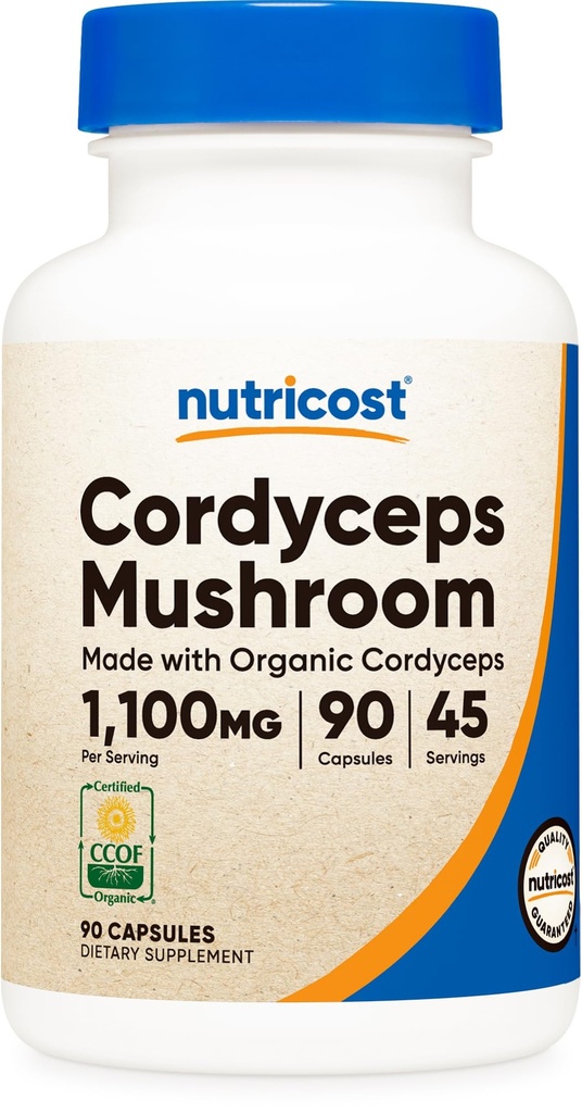 Nutricost Cordyceps Mushroom Capsules 1100mg, 45 Serv - CCOF Certified Made with Organic, Vegetar, Gluten Free, 550mg Per Capsule (90 Kapsler)
