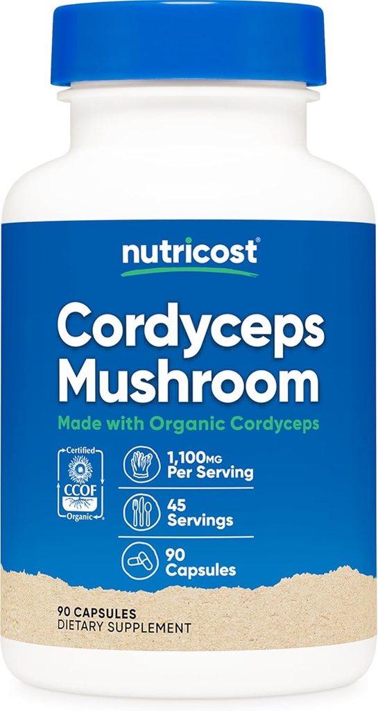 Nutricost Cordyceps Mushroom Capsules 1100mg, 45 Serv - CCOF Certified Made with Organic, Vegetar, Gluten Free, 550mg Per Capsule (90 Kapsler)