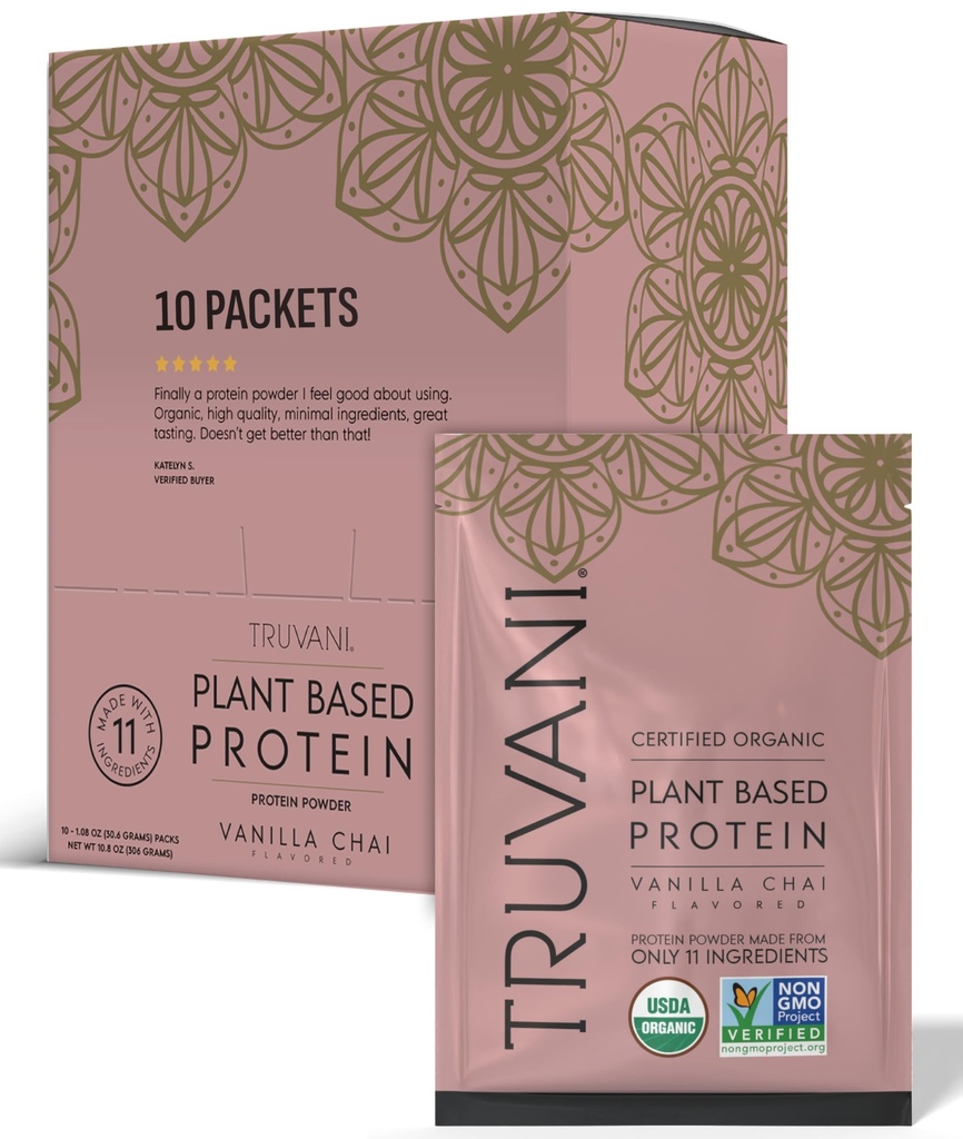Truvani Vegan Pea Protein Powder 124; Vanilla Chai Measures 124; 20g Organic Plant Protein Measune 124; Single Serving Travel Packets Measures 124; 10 Servering Measures 124; Keto Measurement Free