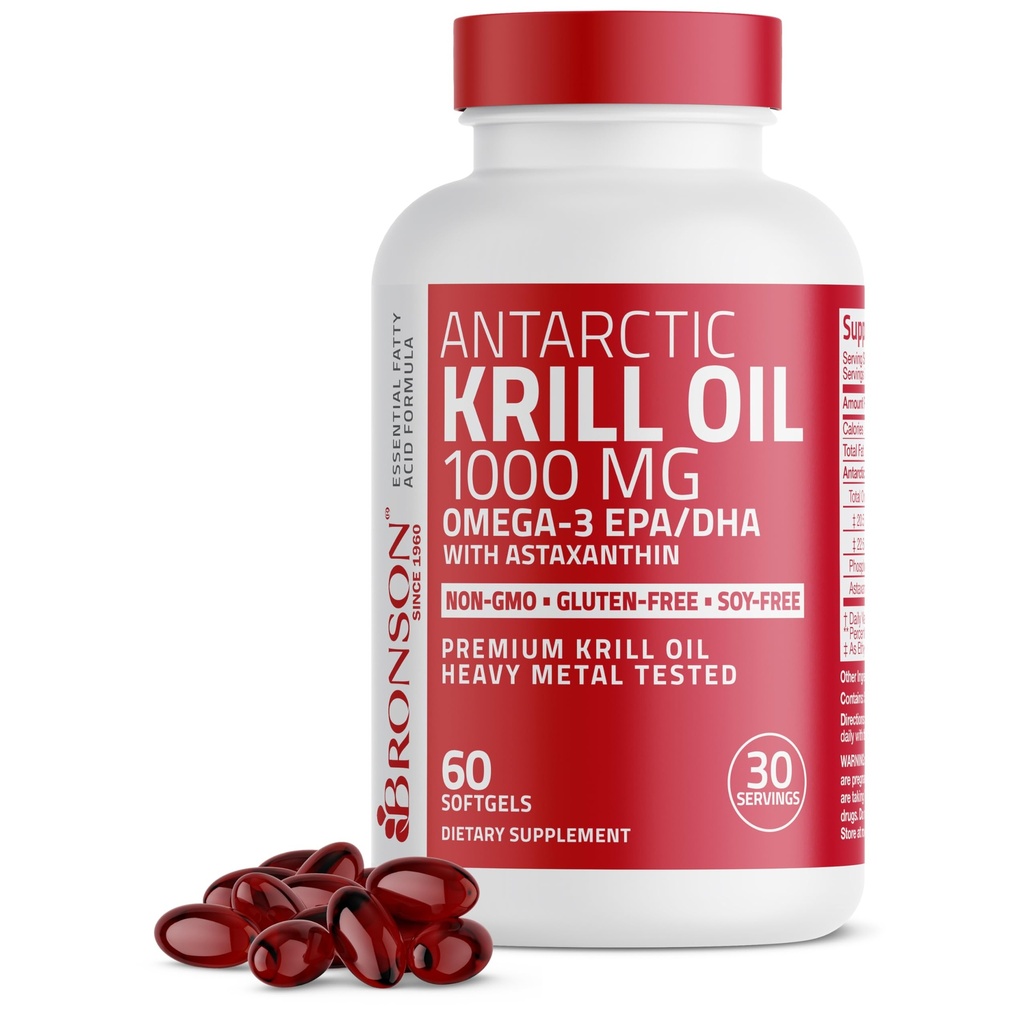 Bronson Antarctic Krill Oil 1000 mg med Omega- 3s EPA, DHA, Astaxanthin og Phospholipider 60 Softgels