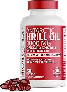 Bronson Antarctic Krill Oil 1000 mg med Omega- 3s EPA, DHA, Astaxanthin og Phospholipider 60 Softgels