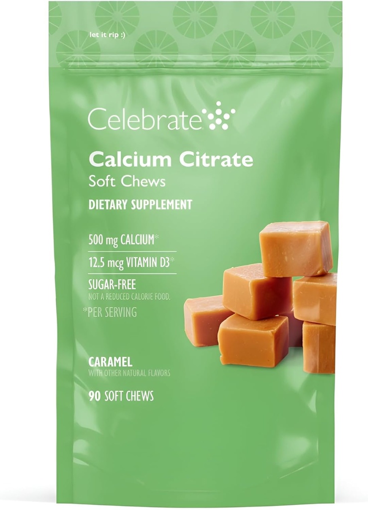 Celebrere Vitamin Bariatric 500 mg Calcium Citrat Soft Chews med 500 IE D3 Vitamin - Essential for Gastric Bypass Patienter & Knoglehelbred - Sukker & Gluten Free, Caramel (90 Chews)
