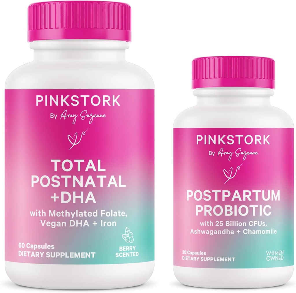 Pink Stork Postnatal Multivitamin + Probiotika med Vegan DHA, Ashwagandha, Jern, Folate, B12 - Understøtter Hormone Balance, Postpartum Inddrivelse, Gut Health, & fordøjelse - Pack of 2