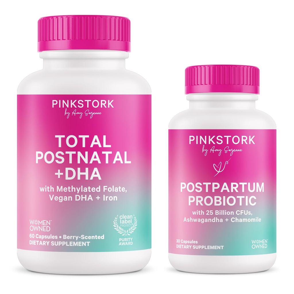 Pink Stork Postnatal Multivitamin + Probiotika med Vegan DHA, Ashwagandha, Jern, Folate, B12 - Understøtter Hormone Balance, Postpartum Inddrivelse, Gut Health, & fordøjelse - Pack of 2