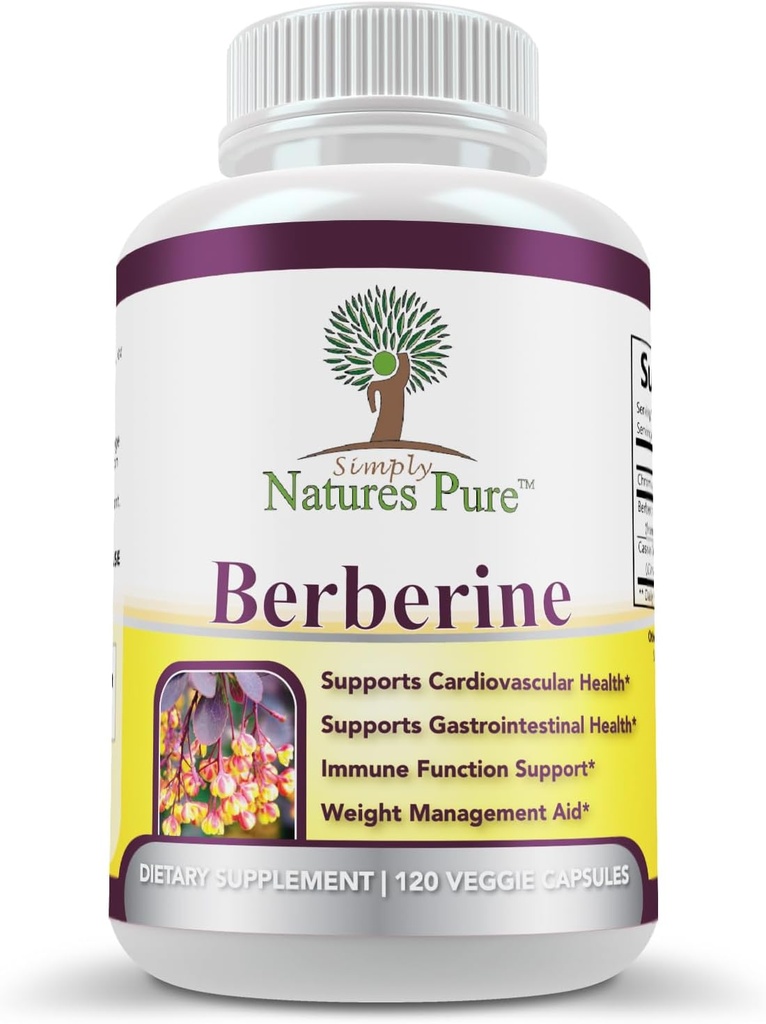 Simply Natures Pure Premium Berberine HCl 500mg - 120 kapsler - Kardiovaskulær Gastrointestinal immunforsvar - Chrom kanel