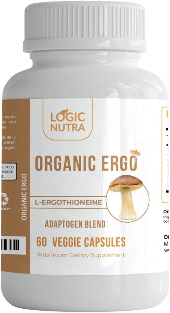 L- Ergothioneine Plus Organic Blend of Cordyceps Mushroom, Lions Mane, Reishi, Astragalus, Sibirisk Ginseng, Ashwagandha - 60 Caps