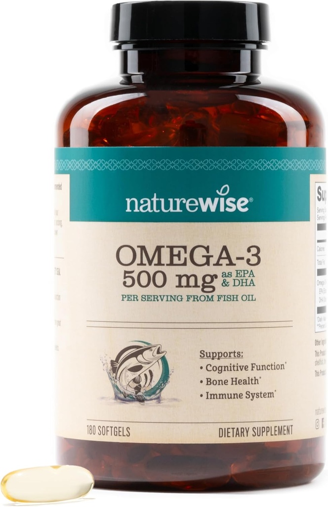 NatureWise Omega 3 Fish Oil - 500 mg per pille - EPA & DHA - Immunstøtte, Hjerne Sundhed & Optimal Wellness - Gluten og Soy Free, Non- GMO - 180 Softgels [6-måned Supply]