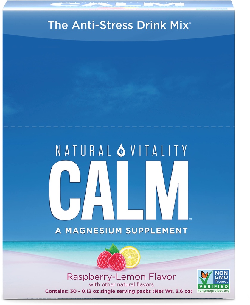 Naturlig Vitality Rolig, Magnesium Citrate tillæg, Anti- Stress Drink Mix Powder, Gluten Free, Vegan, & Non- GMO, Raspberry Lemon, 0,12 oz, 30 Pakker