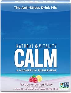 Naturlig Vitality Rolig, Magnesium Citrate tillæg, Anti- Stress Drink Mix Powder, Gluten Free, Vegan, & Non- GMO, Raspberry Lemon, 0,12 oz, 30 Pakker