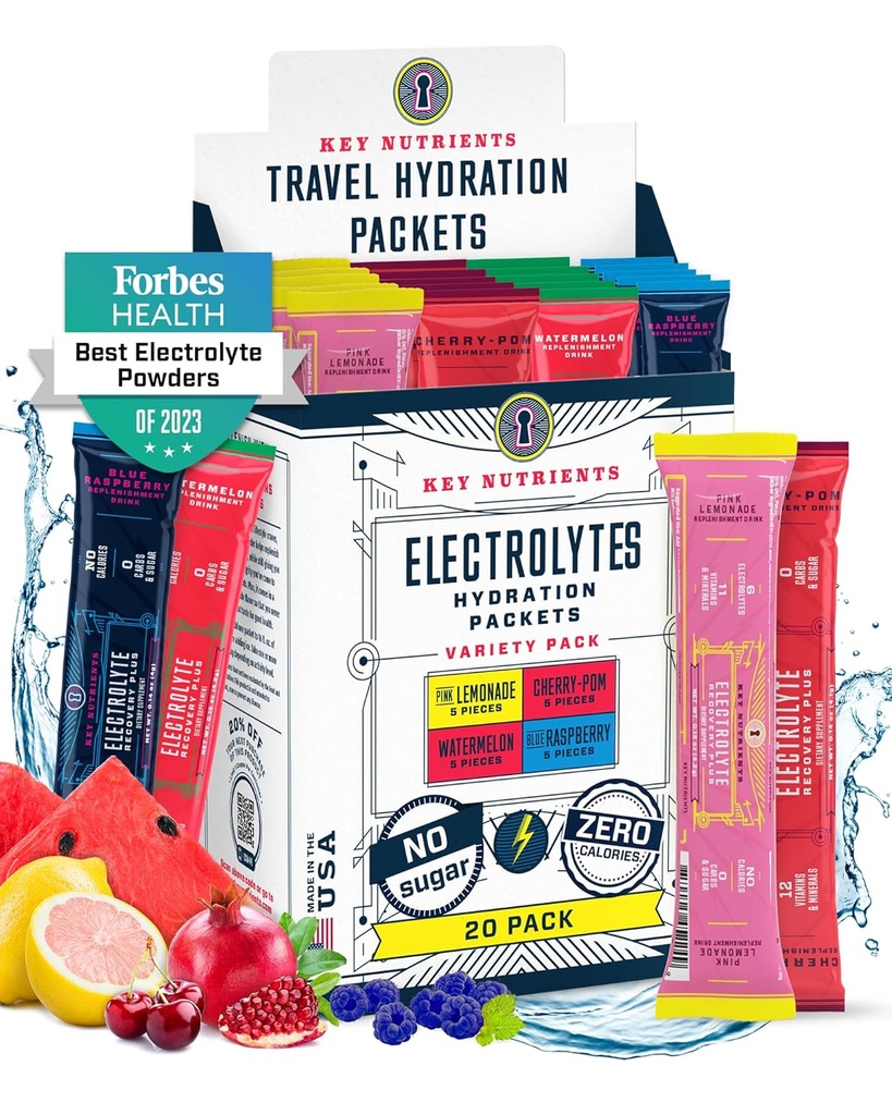 KEY NETRIENSER Electrolytes Powder Packets No Sugar - 4 lækre flavors i Hydration Packets 20 Pack - Ingen kalorier, Gluten Free Electrolytes Powder Packets - Keto Friendly, Ikke GMO, Made in USA