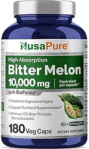 NusaPure Bitter Melon Extract 10. 000 mg 180 Vegan Caps (100% Vegetarisk, Non- GMO, Gluten- fri, 10% Bitter Principper) Bioperine