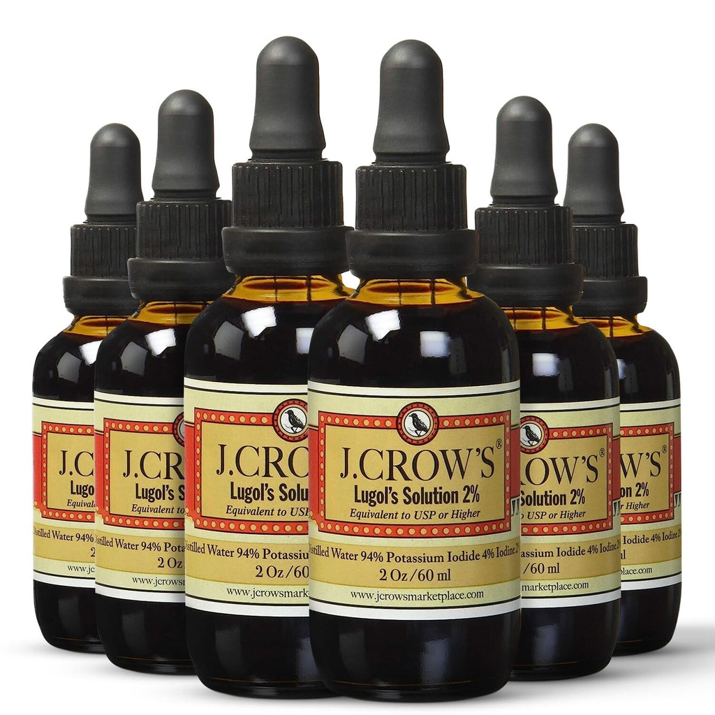 J.CROW 'S ® Lugol' s opløsning af jod 2% 2 oz (6 flasker) - Premium Jod & Kalium Jodide Liquid, Gluten &, Alkohol- Free Natural Brun Extract, Ingen Udåndinger