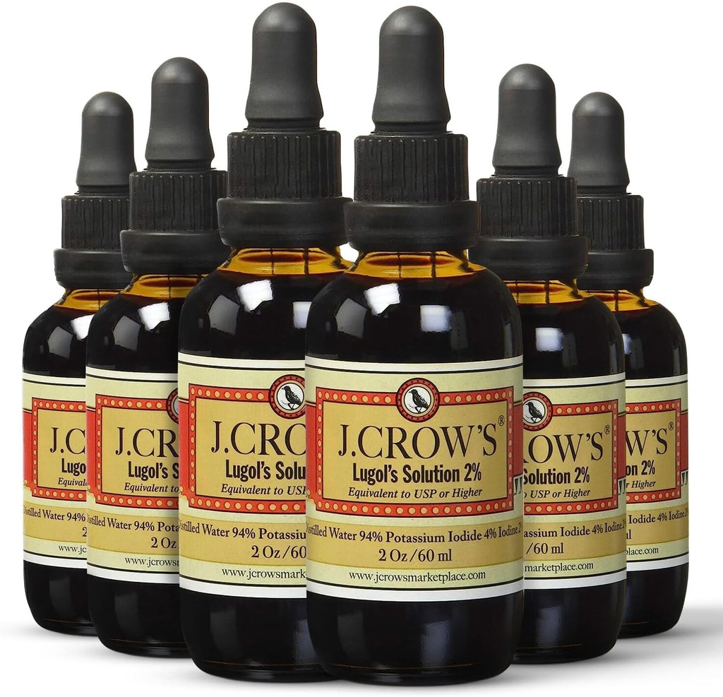 J.CROW'S® Lugol's Solution of Iodine 2% 2 oz (6 Bottles) – Premium Iodine & Potassium Iodide Liquid, Gluten &, Alcohol-Free Natural Brine Extract, No Expiration