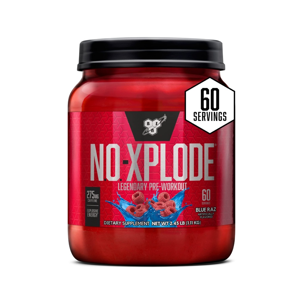 BSN N.O.-XPLODE Pre Workout pulver, Energi supplement til mænd og kvinder med Creatin og Beta- Alanine, Flavor: Blue Raz, 60 Servere