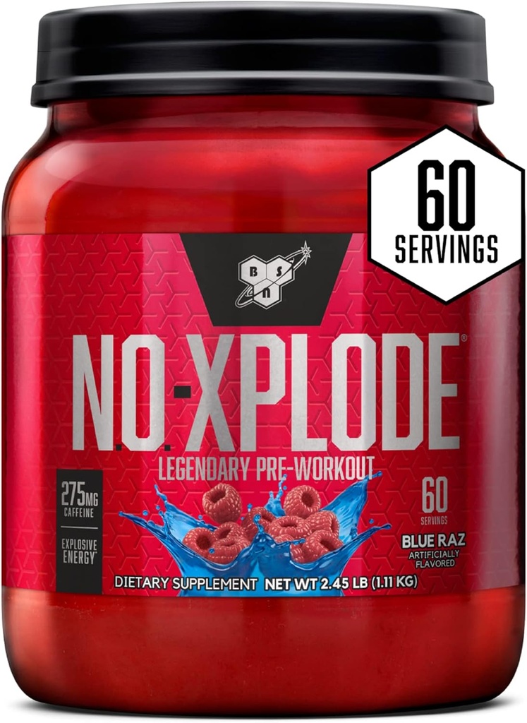 BSN N.O.-XPLODE Pre Workout pulver, Energi supplement til mænd og kvinder med Creatin og Beta- Alanine, Flavor: Blue Raz, 60 Servere