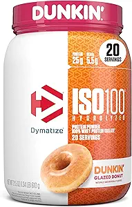 Dymatize x Dunkin 'Glazed Donut ISO100 Whey Protein Powder, 25g protein, 5,5g BCAA, 120 Cal., Gluten Free, 1g fedt, 1g sukker, 2g Carb (20 Servere)