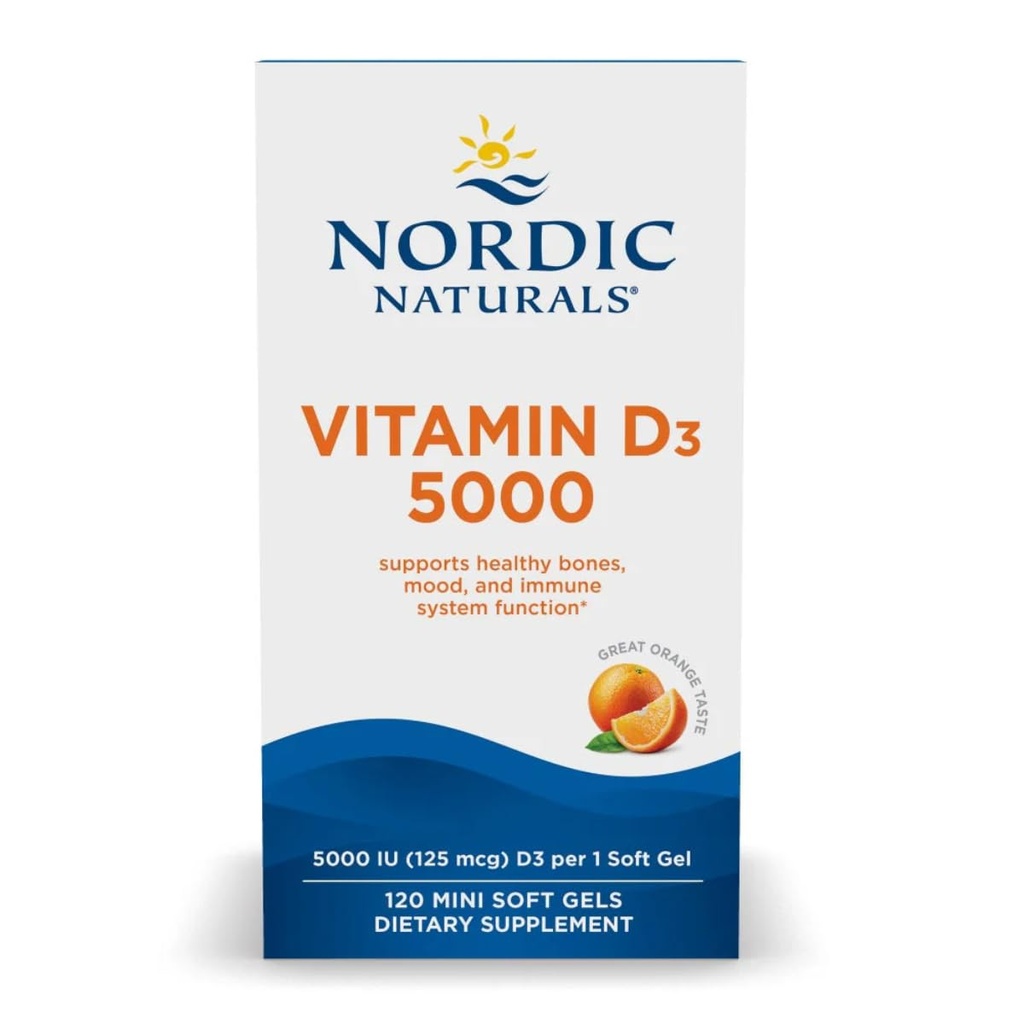 Nordic Naturals Vitamin D3 5000, Orange - 120 Mini Soft Gels - 5000 IE Vitamin D3 - Understøtter sunde knogler, Mood & immunsystem funktion - Non- GMO - 120 Servere