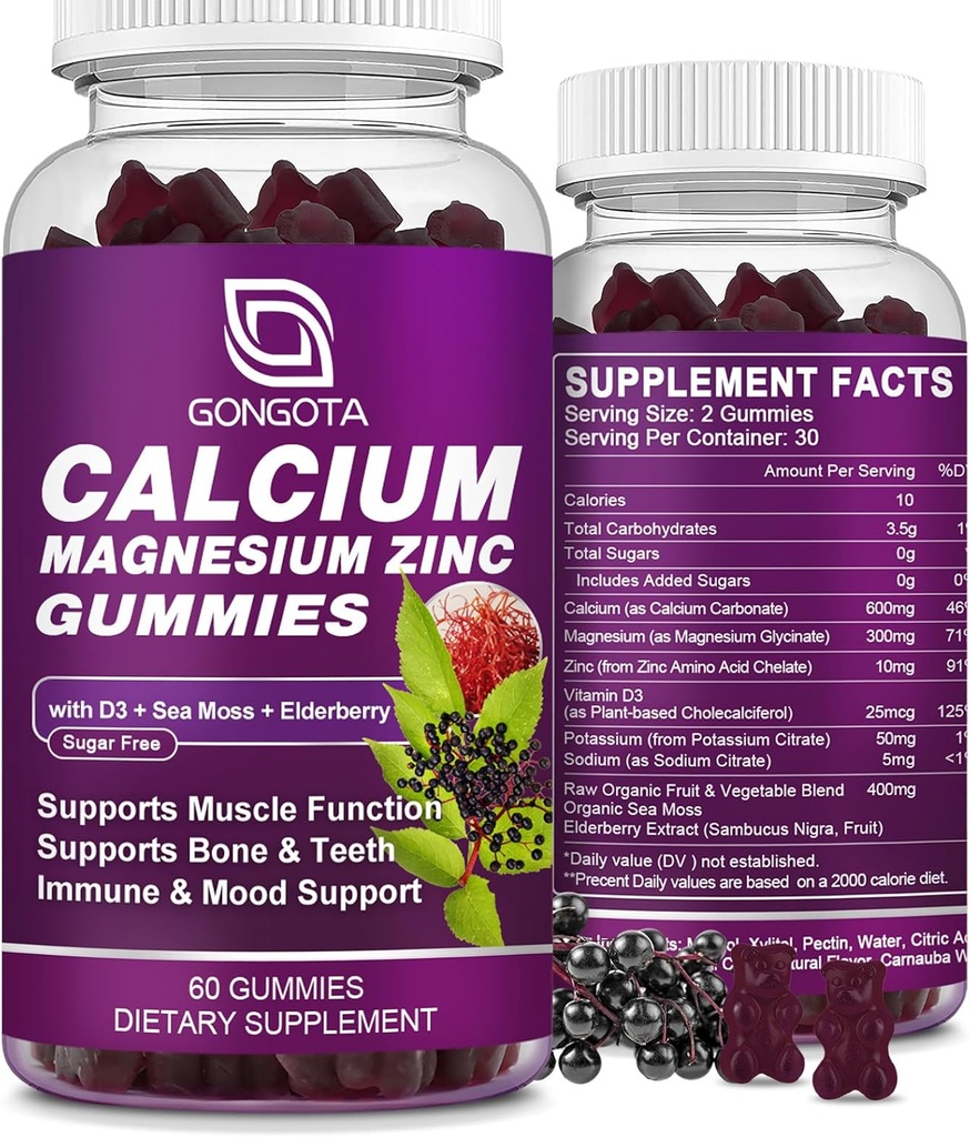 Calcium Magnesium Zink med D3- vitamintilskud, stærkt Absorberet Calcium Gummies med 300 mg Magnesiumglycinat Support Bone & Tænder, Muskel for voksne og teenagere, Sukker fri, Vegan - 60 Greve