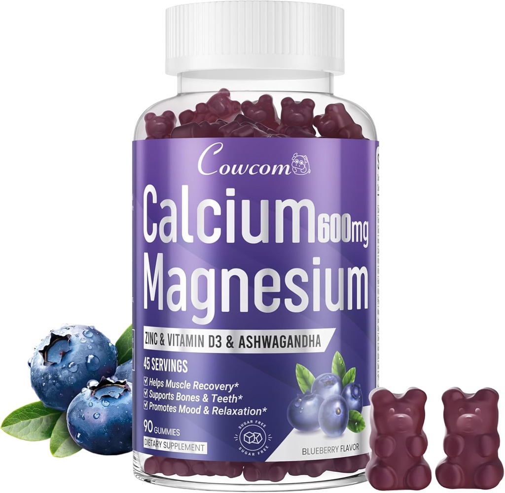Calcium Magnesium Zink Gummies & Vitamin D3, B6, B12, Immun & Supporting Bone Health Calcium Magnesium supplement til kvinder, sukkerfri Vegansk Blåbær Tyggegummi 90 Tæller