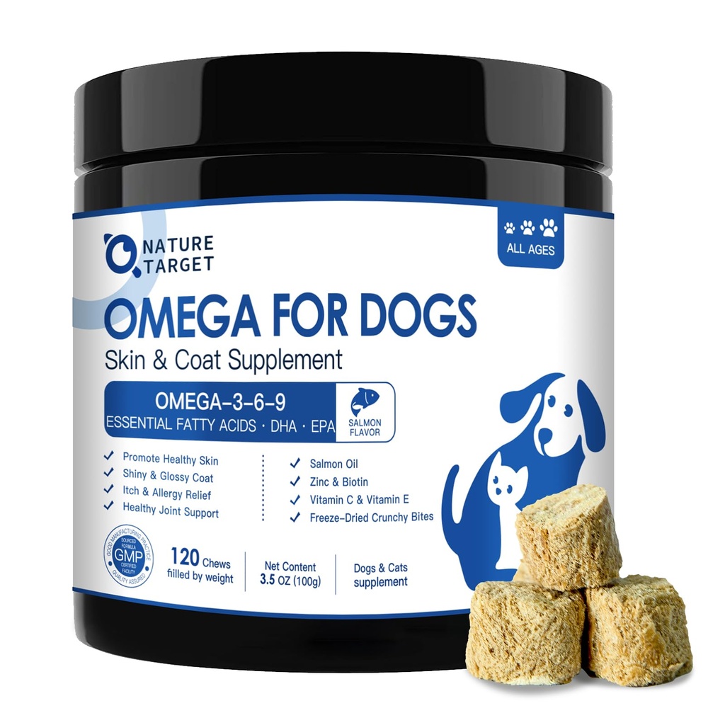 NATUR TARGET Omega 3 Fish Oil for Dogs, Salmon Oil for Skin & Coat Supplement med EPA & DHA fedtsyrer - Hund Itch & Allergy Relief, Anti Shedding, Hot Spots Treatment - Hip & Joint Support - 120ct
