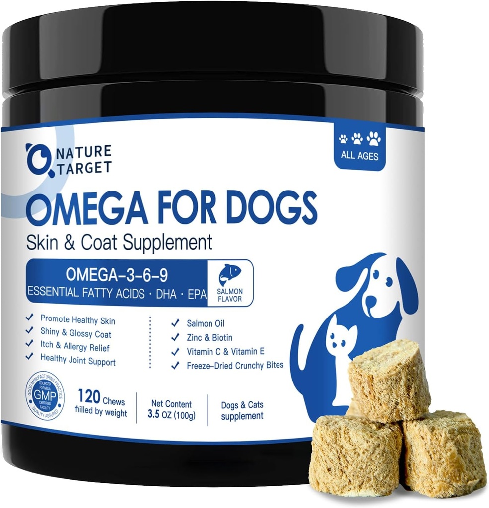 NATURE TARGET Omega 3 Fish Oil for Dogs, Salmon Oil for Skin & Coat Supplement with EPA & DHA Fatty Acids - Dog Itch & Allergy Relief, Anti Shedding, Hot Spots Treatment - Hip & Joint Support - 120ct