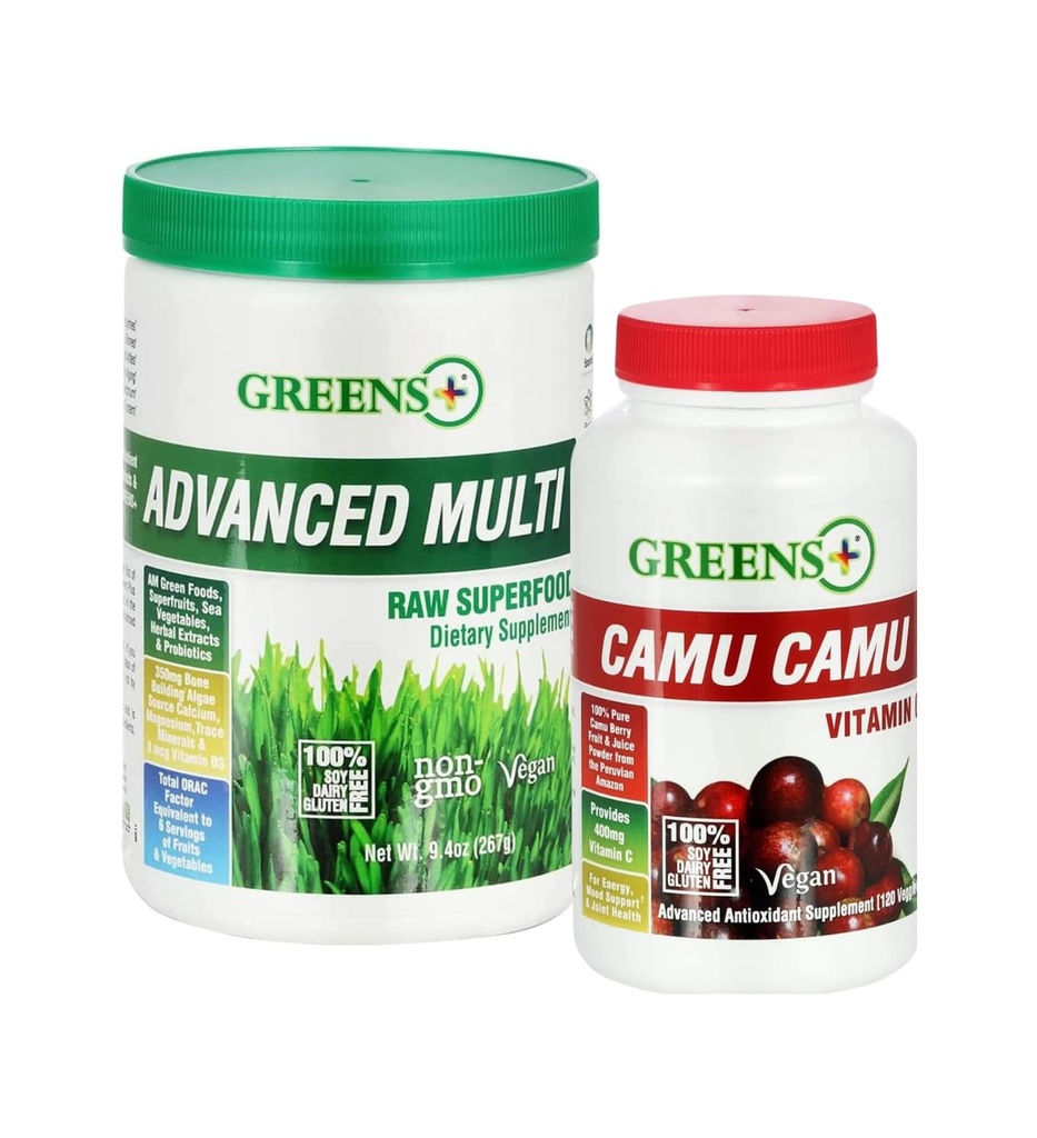 Grønne + Avanceret Multi Raw Superfood Powder Sund Organic Blend, Non- GMO, Soy / Dairy / Gluten Free Camu Camu Vitamin C tillæg Pure Berry SuperFruit 400mg Vitamin C, 120 Veggie Kapsler