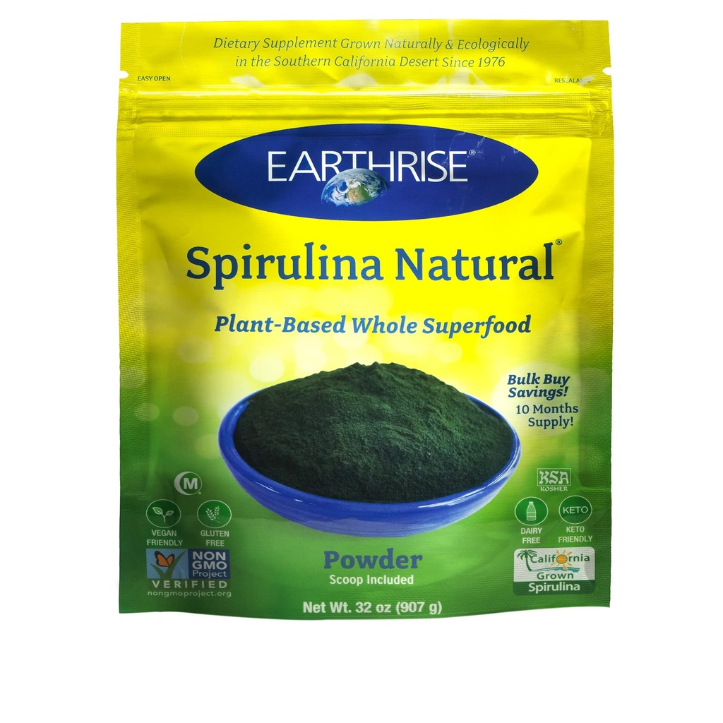 Earthrise Spirulina Natural Powder 32oz, Natural Premium Spirulina fra California- Vegan, Gluten Free, Keto Friendly, Non-GMO Super Food høj i vitaminer og mineraler. (2 LB)