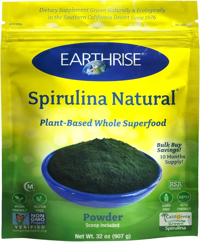 Earthrise Spirulina Natural Powder 32oz, Natural Premium Spirulina fra California- Vegan, Gluten Free, Keto Friendly, Non-GMO Super Food høj i vitaminer og mineraler. (2 LB)