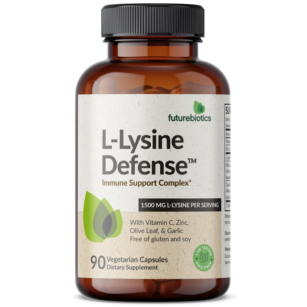 Futurebiotika L- Lysin Defense immunforsvar Support Complex 1500 MG Per servering med C-vitamin, zink, Olive Leaf & hvidløg - non-GMO, 90 Vegetariske kapsler