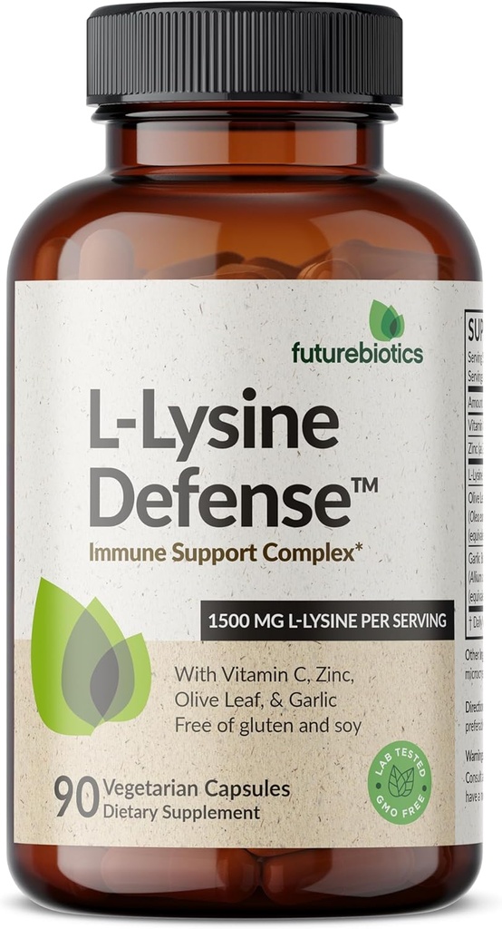 Futurebiotika L- Lysin Defense immunforsvar Support Complex 1500 MG Per servering med C-vitamin, zink, Olive Leaf & hvidløg - non-GMO, 90 Vegetariske kapsler