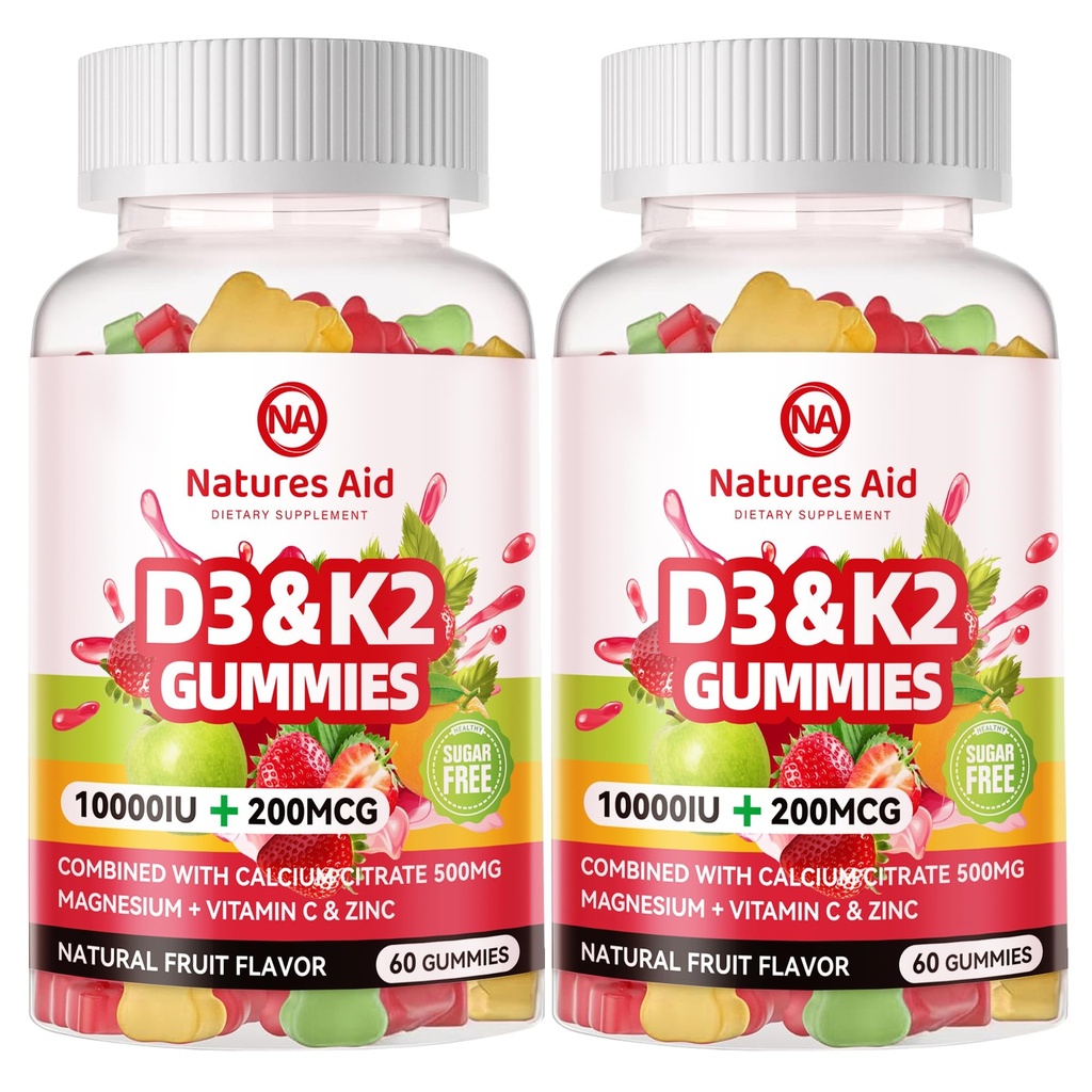 Natures Aid Sugar- Free Vitamin D3 K2 Gummies with Calcium + K2 (MK- 7), Magnesium Citrate, C-vitamin, Ekstra Styrke - Ultimate Absorption for ben Muskeltænder immun, Vegan - 120 Gummies